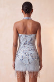 Robe courte de rentrée bleue body-moulante à sequins floraux avec franges