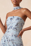 Robe courte de rentrée bleue body-moulante à sequins floraux avec franges