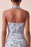 Robe courte de rentrée bleue body-moulante à sequins floraux avec franges
