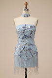 Robe courte de rentrée bleue body-moulante à sequins floraux avec franges
