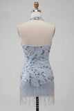 Robe courte de rentrée bleue body-moulante à sequins floraux avec franges