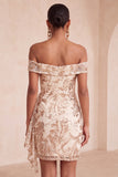 Robe courte de rentrée à la maison avec paillettes bodycon, champagne dénudé,