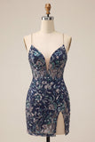 Robe courte de rentrée courte à la maison Bodycon bleu marine à sequins bleu marine