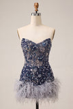 Robe courte de bal bleu marine bodycon, paillettes bleu marine courte avec plumes