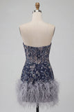 Robe courte de bal bleu marine bodycon, paillettes bleu marine courte avec plumes