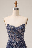 Robe courte de bal bleu marine bodycon, paillettes bleu marine courte avec plumes