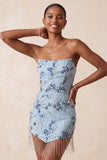 Robe courte de rentrée à la maison à paillettes bleues sans bretelles avec franges
