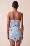Robe courte de rentrée à la maison à paillettes bleues sans bretelles avec franges