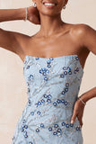 Robe courte de rentrée à la maison à paillettes bleues sans bretelles avec franges