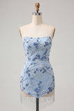 Robe courte de rentrée à la maison à paillettes bleues sans bretelles avec franges