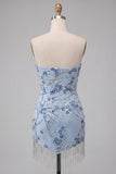 Robe courte de rentrée à la maison à paillettes bleues sans bretelles avec franges