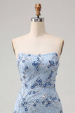 Robe courte de rentrée à la maison à paillettes bleues sans bretelles avec franges