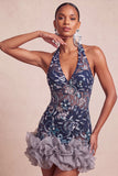 Robe courte de rentrée à la maison à col nu à col nu Sequins bodycon, dors nus