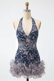 Robe courte de rentrée à la maison à col nu à col nu Sequins bodycon, dors nus