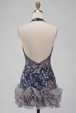 Robe courte de rentrée à la maison à col nu à col nu Sequins bodycon, dors nus