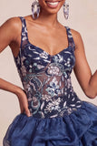 Paiettes marine A-Line Fenêtres Grosses bretelles florales Robe courte de la rentrée