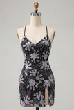 Robe courte de rentrée à la maison bodycon mouillée noire à bretelles fines paillettes