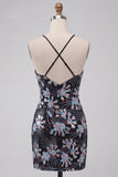 Robe courte de rentrée à la maison bodycon mouillée noire à bretelles fines paillettes
