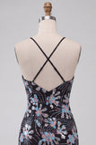 Robe courte de rentrée à la maison bodycon mouillée noire à bretelles fines paillettes
