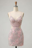 Corset bodycon à blush découpé bretelles fines Sequins robe courte florale de rentrée à la maison