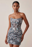 Corset Bodycon Gris Bustier, Sequins froncés, Robe courte de rentrée à fleurs