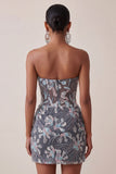 Corset Bodycon Gris Bustier, Sequins froncés, Robe courte de rentrée à fleurs