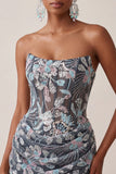 Corset Bodycon Gris Bustier, Sequins froncés, Robe courte de rentrée à fleurs