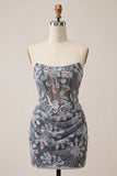 Corset Bodycon Gris Bustier, Sequins froncés, Robe courte de rentrée à fleurs