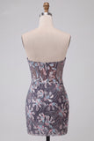 Corset Bodycon Gris Bustier, Sequins froncés, Robe courte de rentrée à fleurs