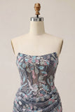 Corset Bodycon Gris Bustier, Sequins froncés, Robe courte de rentrée à fleurs