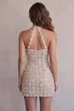 Robe de rentrée courte bodycon à col long à col long et fleur de rentrée au champagne avec paillettes