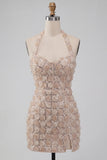 Robe de rentrée courte bodycon à col long à col long et fleur de rentrée au champagne avec paillettes