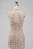 Robe de rentrée courte bodycon à col long à col long et fleur de rentrée au champagne avec paillettes
