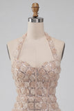 Robe de rentrée courte bodycon à col long à col long et fleur de rentrée au champagne avec paillettes