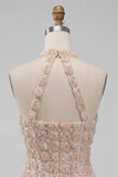 Robe de rentrée courte bodycon à col long à col long et fleur de rentrée au champagne avec paillettes