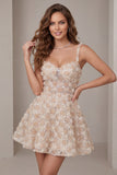 Robe de rentrée à la maison à la maison A-Line Champagne fleurie courte à longues bretelles épaisses avec paillettes