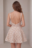 Robe de rentrée à la maison à la maison A-Line Champagne fleurie courte à longues bretelles épaisses avec paillettes