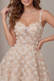 Robe de rentrée à la maison à la maison A-Line Champagne fleurie courte à longues bretelles épaisses avec paillettes