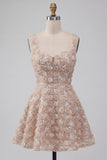 Robe de rentrée à la maison à la maison A-Line Champagne fleurie courte à longues bretelles épaisses avec paillettes