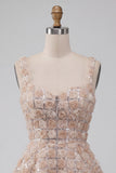 Robe de rentrée à la maison à la maison A-Line Champagne fleurie courte à longues bretelles épaisses avec paillettes