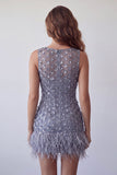 Robe courte de rentrée à la maison à col rond lavande poussiéreuse avec plumes