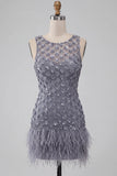 Robe courte de rentrée à la maison à col rond lavande poussiéreuse avec plumes