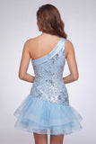 Robe courte de rentrée bleu bleu à fleurs à une épaule avec volants