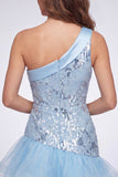 Robe courte de rentrée bleu bleu à fleurs à une épaule avec volants