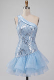 Robe courte de rentrée bleu bleu à fleurs à une épaule avec volants