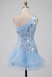 Robe courte de rentrée bleu bleu à fleurs à une épaule avec volants