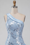 Robe courte de rentrée bleu bleu à fleurs à une épaule avec volants