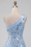 Robe courte de rentrée bleu bleu à fleurs à une épaule avec volants