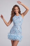 Robe courte de rentrée à la maison à col nu, bleu ciel, fleurs à volants, avec paillettes