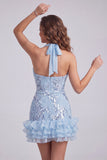 Robe courte de rentrée à la maison à col nu, bleu ciel, fleurs à volants, avec paillettes